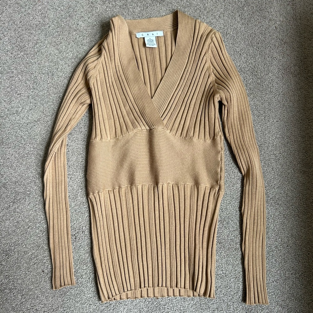 CAbi Tan V-Neck Sweater with Ribbed Knit